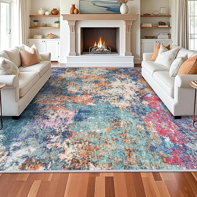 Washable 12x15 Area Rug Abstract - Large Soft Rugs for Living Room Modern Colorful Indoor Mat Non Slip Low Pile Carpet for Bedroom Stain Resistant Thin Floor Mats for Dining Room 12x15 Colorful/Multi