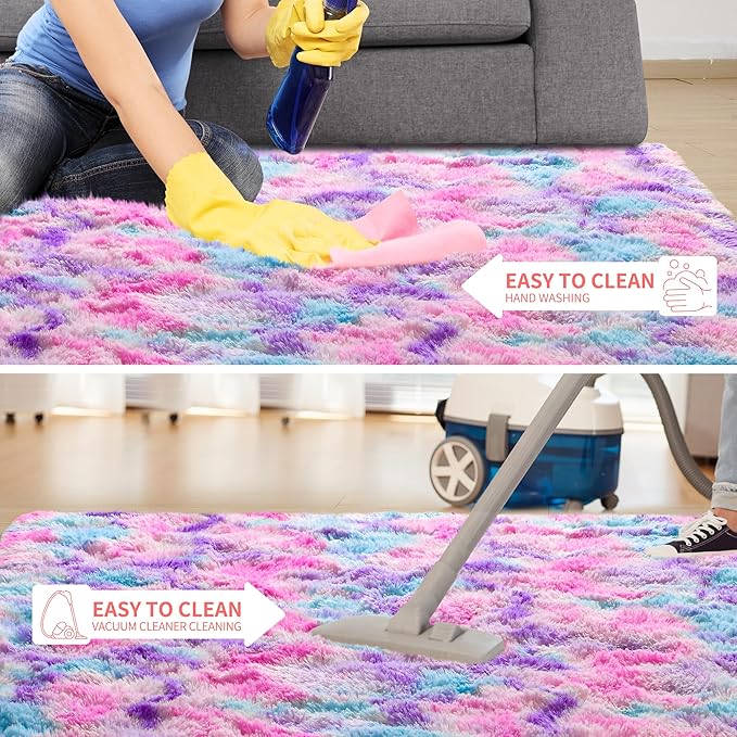 Tepook Soft Rainbow Rug for Girls Room 6x9 Feet, Cute Fluffy Girls Bedroom Area Rug, Shaggy Princess Rug Colorful Carpet for Kids Teens Toddler Playroom Nursery Reading Nook, Hot Pink