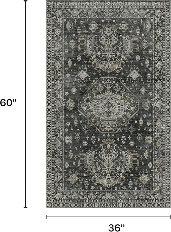 3x5 Area Rugs for Living Room, Machine Washable Rug Non Slip, Vintage Chenille Distressed Print Carpet, Large Low Pile Ultra-Thin Lightweight Rugs for Bedroom, Dining Room, Office Green Black