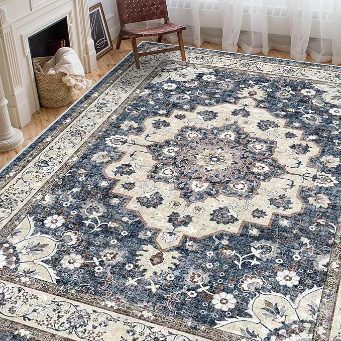 Washable Living Room Area Rug - 8 x 10 Stain Resistant Medallion Soft Bedroom Rugs Distressed Design Non Shedding Carpet for Indoor Outdoor Floor Coverings (8x10 Blue)