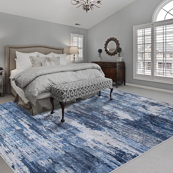 10x14 Area Rugs for Living Room: Large Machine Washable Area Rug with Non Slip Backing Non Shedding Abstract Stain Resistant Carpet for Bedroom Dining Room Nursery Home Office - Beige/Blue