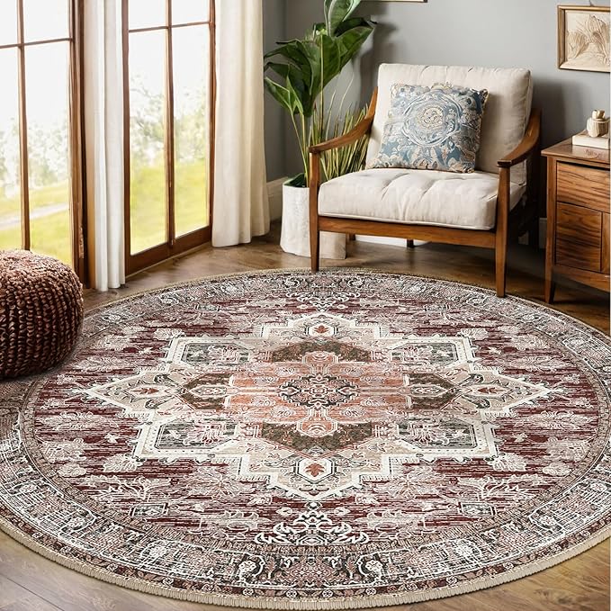 BESTSWEETIE 8ft Area Rugs for Living Room Washable Non Slip Carpet Low Pile Soft Vintage Print Pattern Rug for Bedroom Dining Room Kitchen Entryway Indoor-Wine/Brown/Brick/Black/Light tan