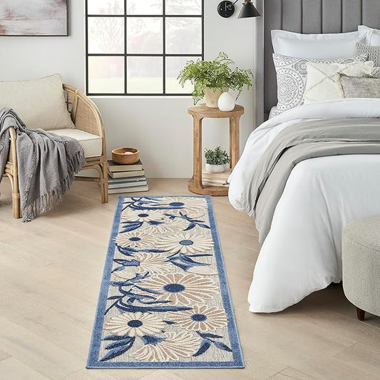 Nourison Aloha Outdoor Blue Grey 2'3" x 8' Area Rug, Easy Cleaning, Non Shedding, Bed Room, Living Room, Dining Room, Deck, Backyard, Patio (2x8)