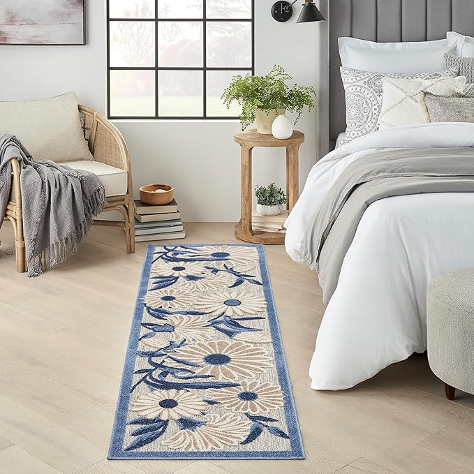 Nourison Aloha Outdoor Blue Grey 2'3" x 12' Area Rug, Easy Cleaning, Non Shedding, Bed Room, Living Room, Dining Room, Deck, Backyard, Patio (2x12)