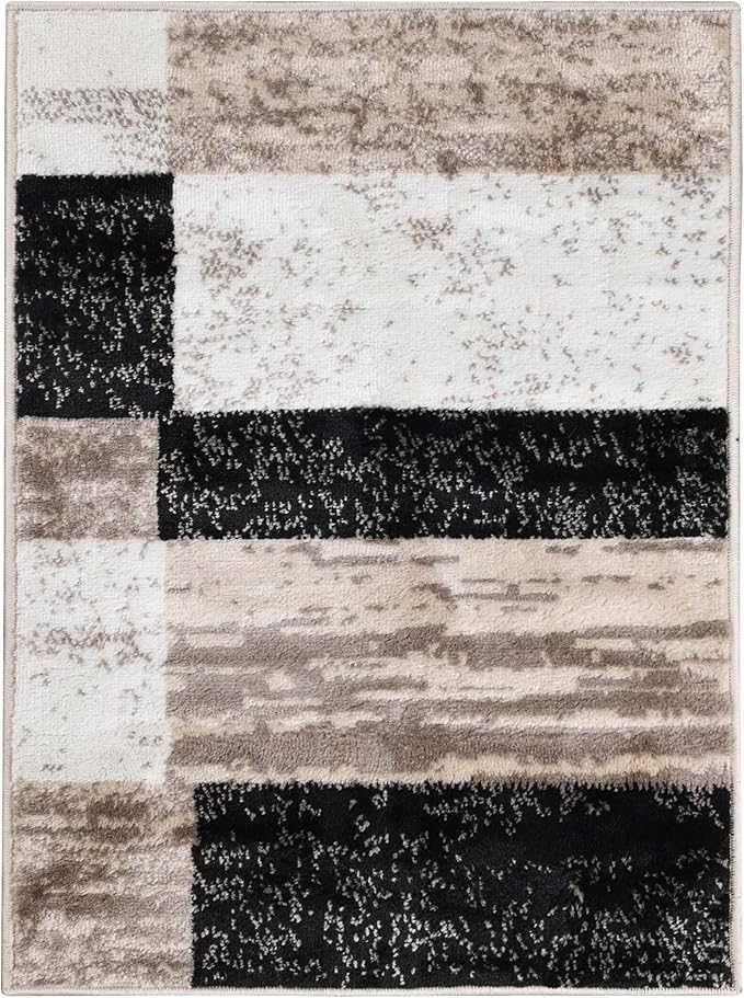 Superior Indoor Area Rug, Jute Backing, Plush Modern Rugs for Entryway, Kitchen Floors, Office Floor Cover, Color Block Rugs, Rockwood Collection, 3' x 5', Ivory/Beige