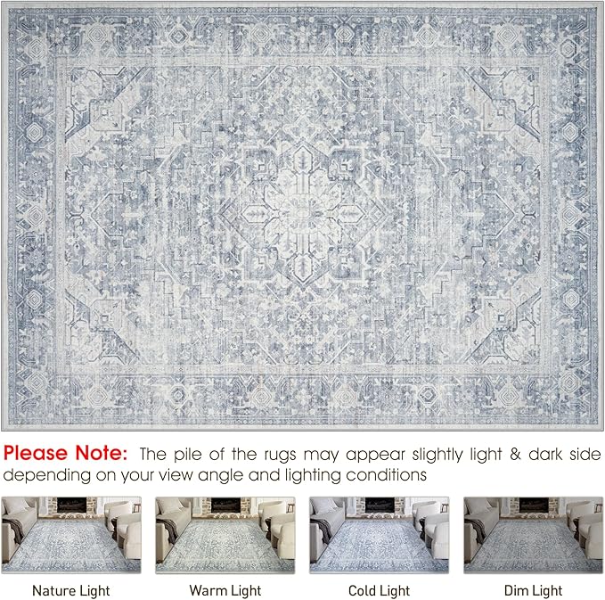 Washable Rugs 8x10 Area Rugs, Soft Vintage Living Room Rug with Anti-Skid Backing Stain Resistant Thin Indoor Carpet Large Area Rug for Bedroom Under Dining Room Table Nursery Entryway-Blue