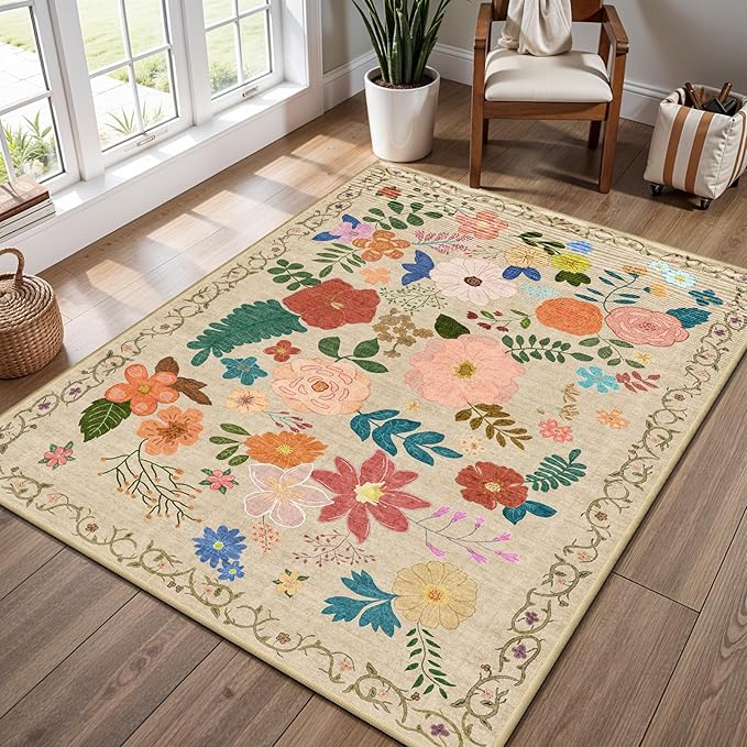 YOUFORTONG Washable Rug 3x5 Area Rugs: Soft Ultra Thin Low Pile Mat Machine Washable Indoor Doormat Lightweight Entry Rug Anti Slip Backing Rugs for Living Room Bedroom Kitchen 3'x5' Beige Floral