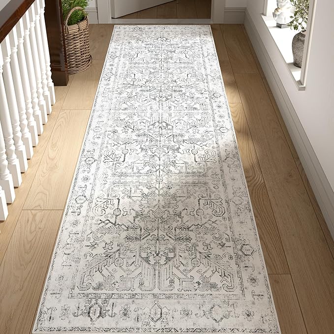 jinchan Kitchen Runner Rug 2x8 - Vintage Floral Machine Washable Non-Slip Hallway Runner Rug with Rubber Backing Ultra-Thin Carpet for Bedroom Laundry Room Farmhouse (2x8ft,Grey)