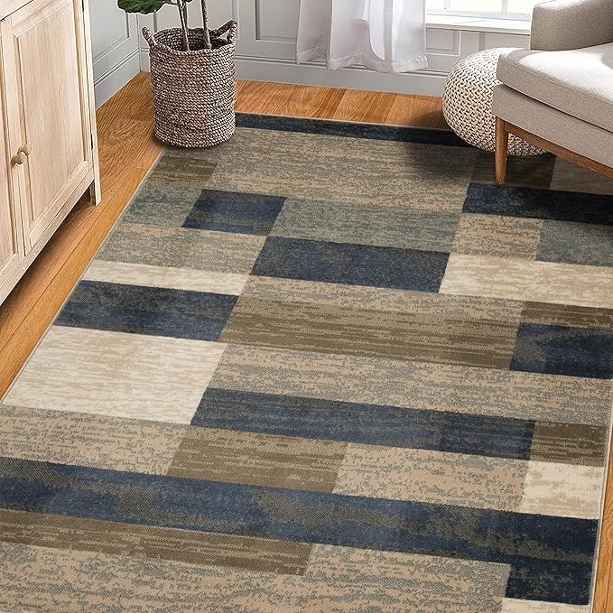 Superior Indoor Area Rug, Jute Backing, Plush Modern Rugs for Entryway, Kitchen Floors, Office Floor Cover, Color Block Rugs, Rockwood Collection, 5' x 8', Midnight Navy