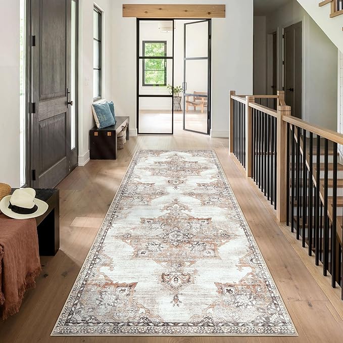 2x6 Rug Runner Rugs: Washable Boho Vintage Kitchen Hallway Rug Indoor Medallion Soft Non Slip Ultra Thin Non-Shedding Front Door Mat for Entryway Kitchen Bedroom (Brown, 2' x 6')