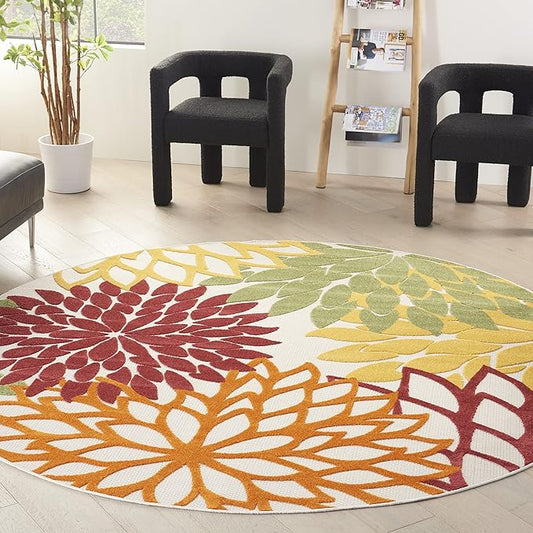 Nourison Aloha 94" Round Fabric Indoor/Outdoor Rug in Red Multi-Color