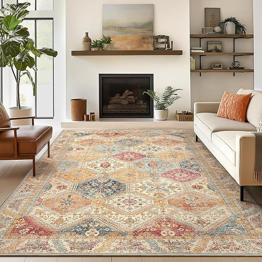 Bavni 6x9 Area Rugs for Living Room, Machine Washable Rug Non Slip, Vintage Chenille Distressed Print Carpet, Large Low Pile Ultra-Thin Lightweight Rugs for Bedroom, Dining Room, Home, Office, Orange