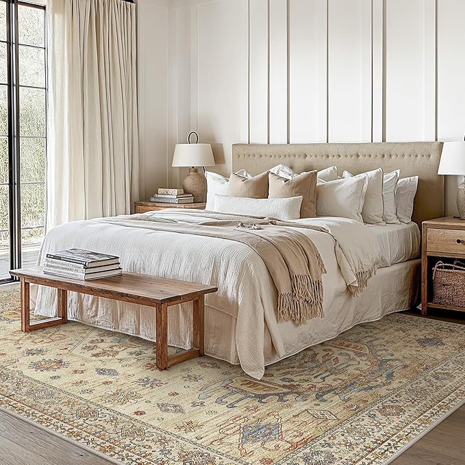 3x5 Area Rugs for Living Room, Machine Washable Rug Non Slip, Vintage Chenille Distressed Print Carpet, Large Low Pile Ultra-Thin Lightweight Rugs for Bedroom, Dining Room, Office Light Brown