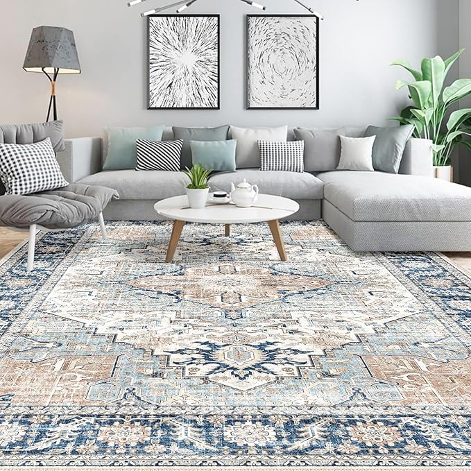 8x10 Area Rugs, Anti-Slip Backing for Living Room,Rugs for Living Room, Washable Rug, Distressed Vintage Large Area Rug, Home Decor Clearance Large Area Rug (Grey Blue 8x10)