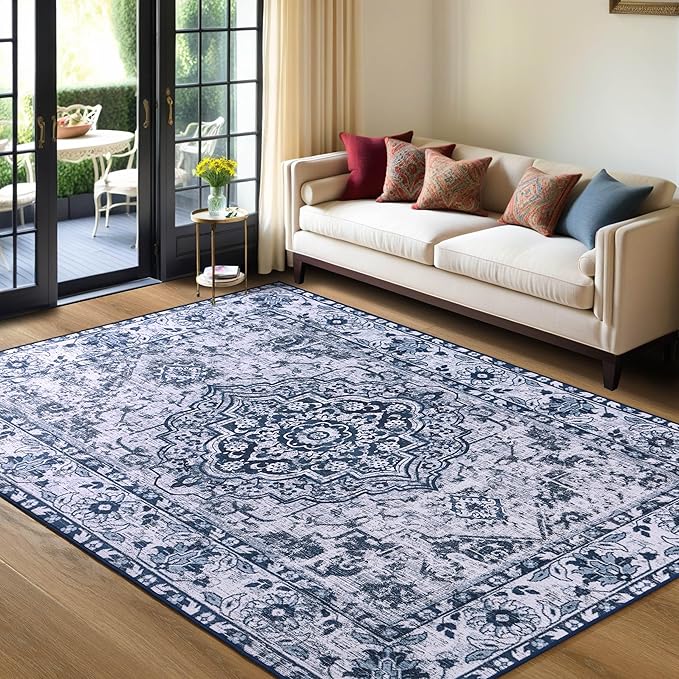 YJ.GWL Large Area Rug for Living Room, 6x9 Machine Washable Boho Rug for Bedroom, Low Pile Lightweight Thin Rugs Floral Vintage Distress Print Pattern Carpet for Dining Room, Blue/White