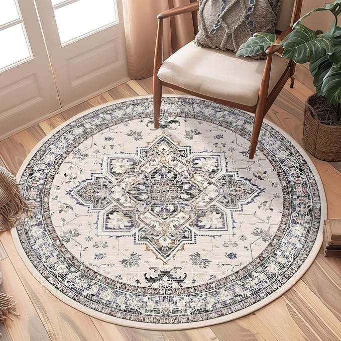 BESTSWEETIE 6ft Area Rugs for Living Room, Washable Ultra Soft Boho Vintage Print Pattern Rug Non Slip Low Pile Carpet for Dining Room Bedroom Entryway Indoor-Khaki/Beige/Purple/Black