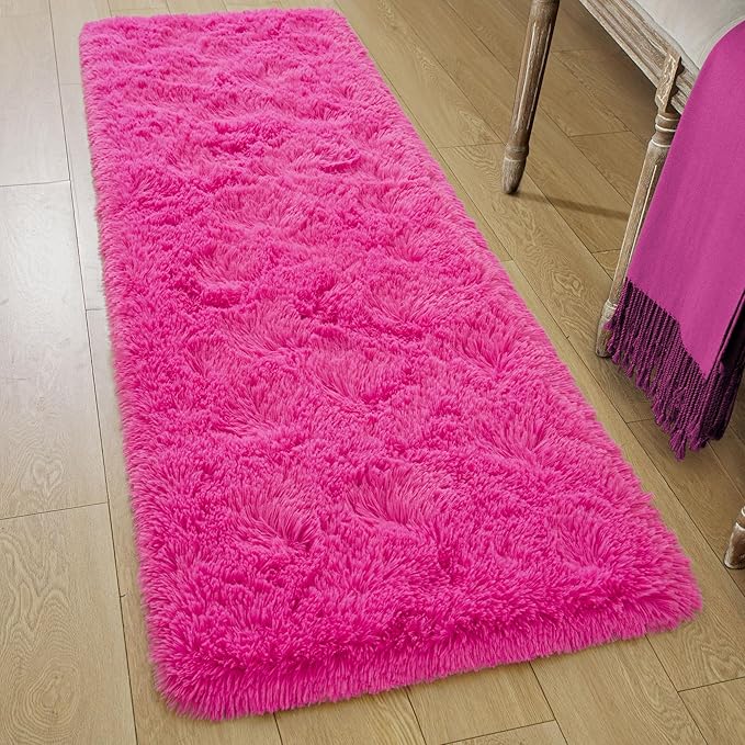 Tepook Soft Runner Rugs for Bedroom 2x6 ft with Rubber Backing, Hot Pink Fluffy Rugs for Living Room, Shag Bedside Rug Fuzzy Plush Carpet for Room, Area Rug for Dorm Nursery Hallway Indoor Home Decor