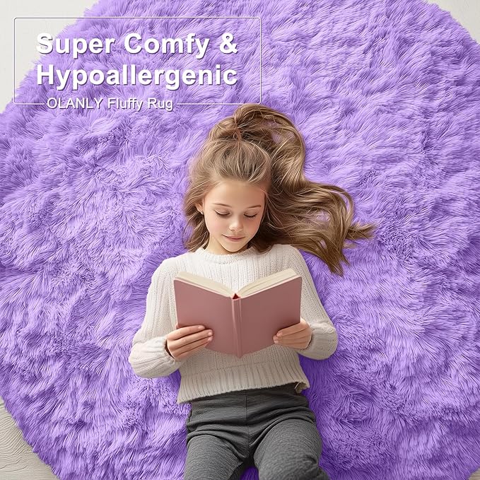 OLANLY Purple Round Rugs for Bedroom - Machine Washable, 7x7 Feet Circle Area Rugs for Living Room, Soft and Fluffy Shaggy Carpet for Teen Girls and Boys, Dorms, Nursery Rooms, Home Decor Aesthetic