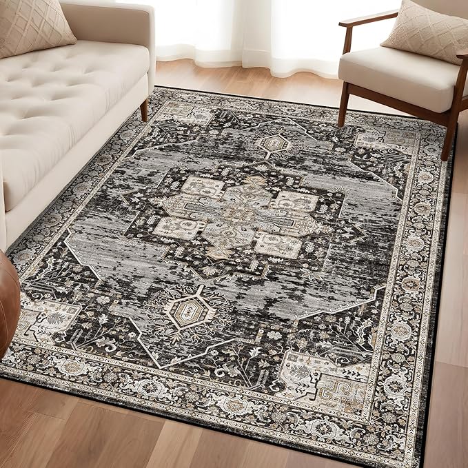 Washable 4x6 Area Rugs - Soft Area Rug for Living Room Stain Resistant Carpet Vintage Indoor Ultra-Thin Rugs for Bedroom Kitchen entryway with Non Slip Backing Home Decor Small Mat 4X6 Black