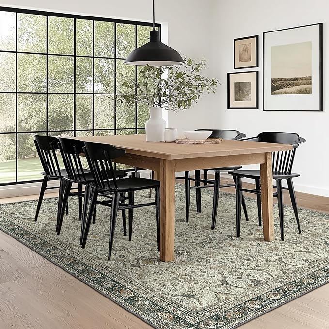 8X10 Area Rugs Machine Washable Rugs for Living Room, Vintage Boho Large Rugs for Bedroom Dining Room, Non Slip Indoor Soft Distressed Lightweight Thin Low Pile Carpet, Tan