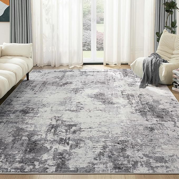 Washable Rug 9x12 Area Rugs for Living Room: Modern Abstract Neutral Soft Large Rug for Bedroom Dining Room Under Kitchen Table Home Office Decor - Grey