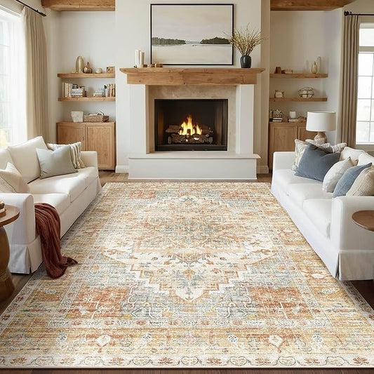 Kokia Washable Area Rugs 9x12 Living Room Boho Non Slip Thin Carpet Stain Resistant Vintage Orange Printed Oriental Foldable Distressed Rug for Bedroom Indoor House