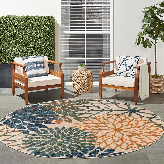 Nourison Aloha 8' x Round Blue Green Fabric Tropical Area Rug (8' Round)