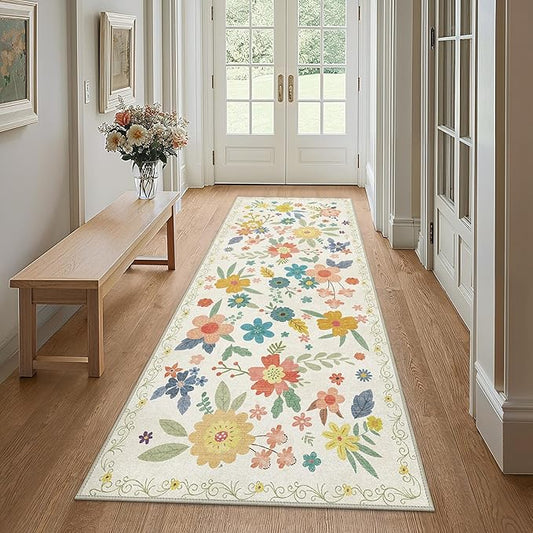 Bavni 2x8 Rugs for Hallways, Lightweight Machine Washable Non Slip Runner Rug, Foldable Floral Rugs for Kitchen Bedroom Kids Room, Ultra-Thin Aesthetic Boho Soft White