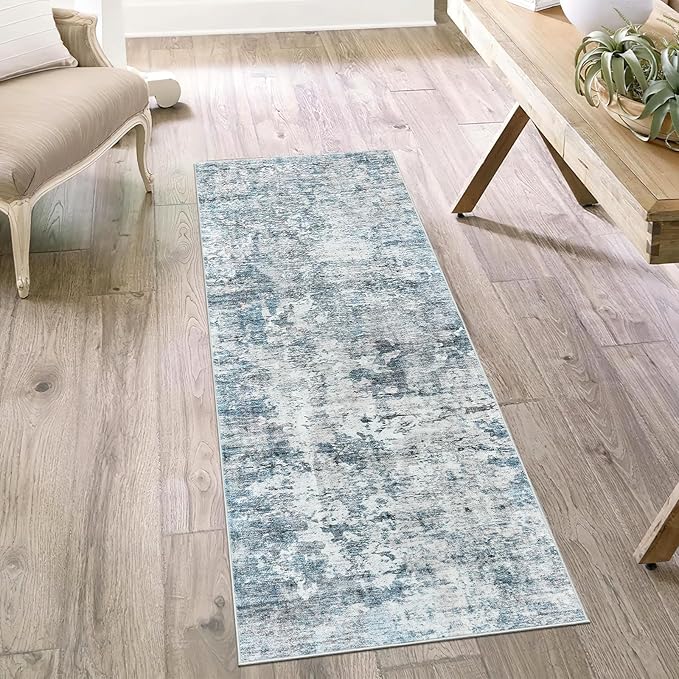Washable Runner Rug, 2'6" x 8' Non-Slip Kitchen Vintage Foldable Hallway Runners for Entryway, Laundry, Bedroom, Blue
