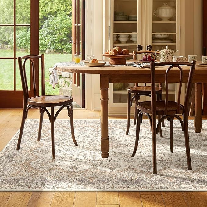 Boho Rug 3x5 Area Rugs, Washable Vintage Rug for Bedroom Living Room Kitchen Office Laundry Room, Non Slip Small Soft Rugs Retro Distressed Floor Carpet, Beige