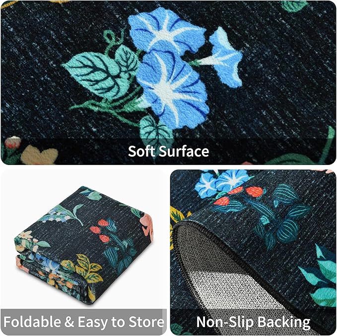 2x6 Floral Runner Rug Soft Non-Slip Machine Washable Kitchen Rug Runners for Hallway Bedroom Laundry Entrance Indoor Carpet, Flower Accent Throw for Girls Room, Navy Blue