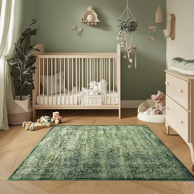 Washable Boho Area Rug 3x5 ft – Non-Slip Indoor Outdoor Rug for Entryway, Porch, Kitchen, Patio – Green Runner Rug for Home Decor