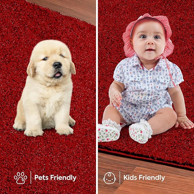 Solid Color Area Rugs Red - 7' Pentagon, Indoor, Stain & Fade Resistant, Perfect for Living Room, Bedroom, Dining Room, Entryway, Doorway, Pet & Kids Friendly Rug, Wedding, Made in USA