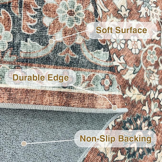 2'5x8 Low Pile Distressed Runner,Washable Runner Rugs Non-Slip&Low-Pile Kitchen Orange Collection Rug, Laundry Room Rug