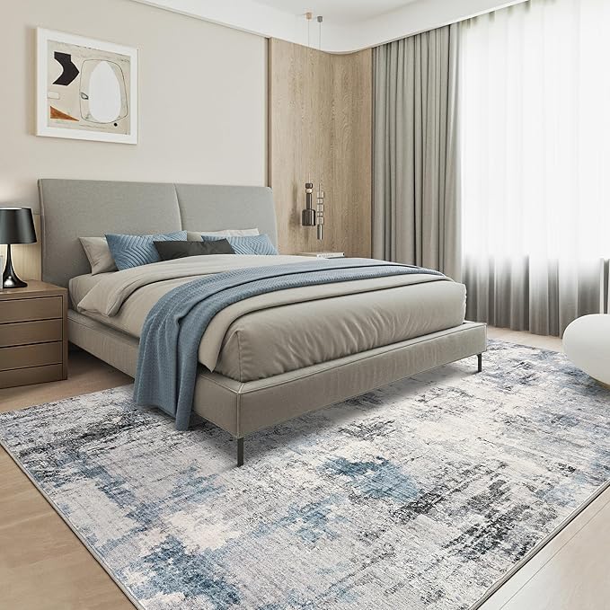 Washable Rug 9x12 Area Rugs for Living Room: Modern Abstract Neutral Soft Large Rug for Bedroom Dining Room Under Kitchen Table Home Office Decor - Grey Blue
