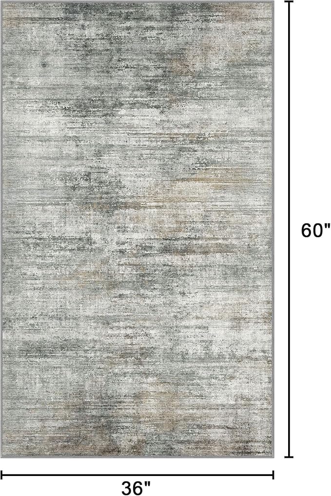 Bavni Washable Area Rug, Soft Abstract Rugs Non-Slip, Thin Foldable 3x5 Rug, Modern Stain Resistant Rug for Living Room, Kitchen, Bedroom, Granite Gray
