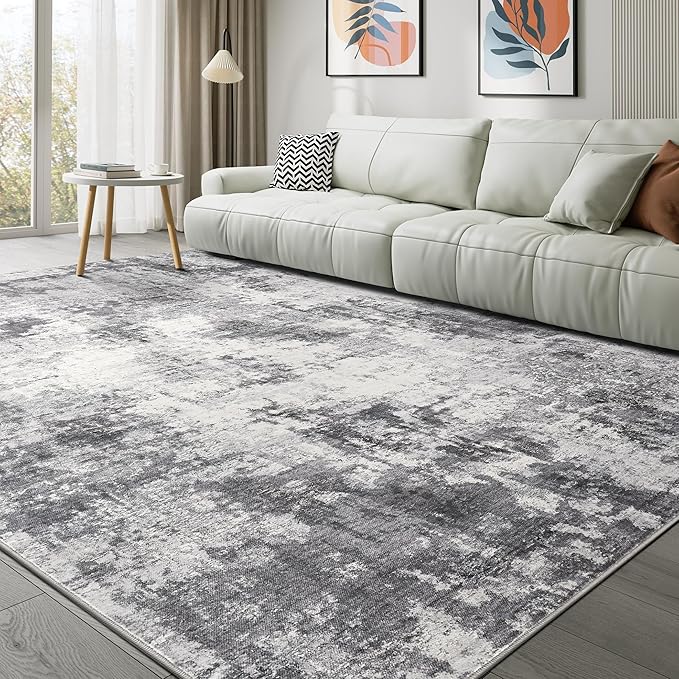Washable Rug 10x14 Area Rugs for Living Room: Modern Abstract Neutral Soft Rug for Bedroom Dining Room Under Kitchen Table Home Office Decor - Grey