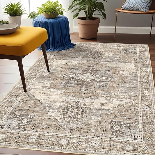 Living Room 3x5 Area Rugs - Washable Lightweight Area Rug Stain Resistant Carpet Vintage Soft Rugs for Bedroom Kitchen entryway with Non Slip Backing Home Decor Small Mat 3X5 Beige