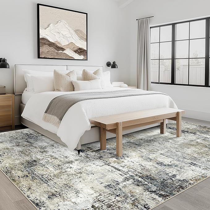 10x14 Area Rugs Living Room Rugs: Large Washable Rug with Anti-Slip Backing Non-Shedding Stain-Resistant Soft Abstract Carpet for Bedroom Dining Room Nursery Home Office-Black/Brown