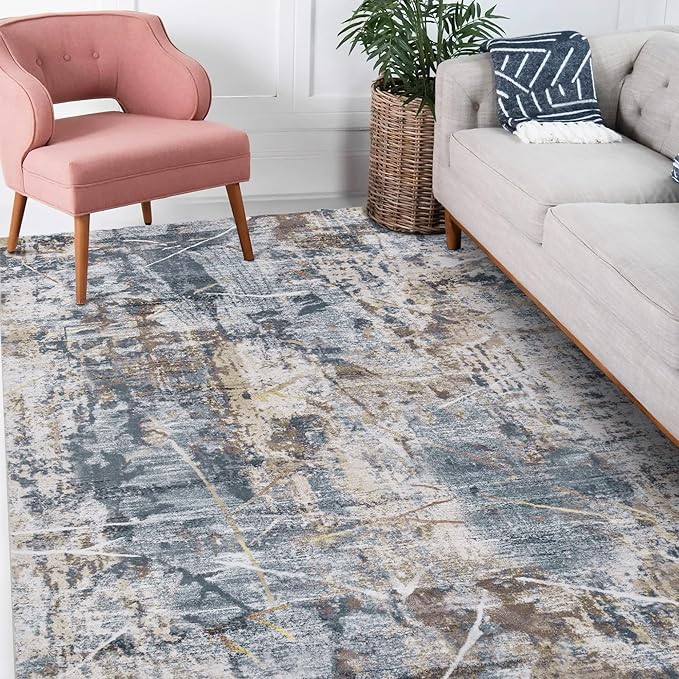 3x5 Area Rug, Modern Abstract Area Rug Machine Washable, Non Slip 3 x 5 Rugs for Living Room, Dining Room, Office Non Shedding Bedroom Carpet, Grey/Tan/Navy