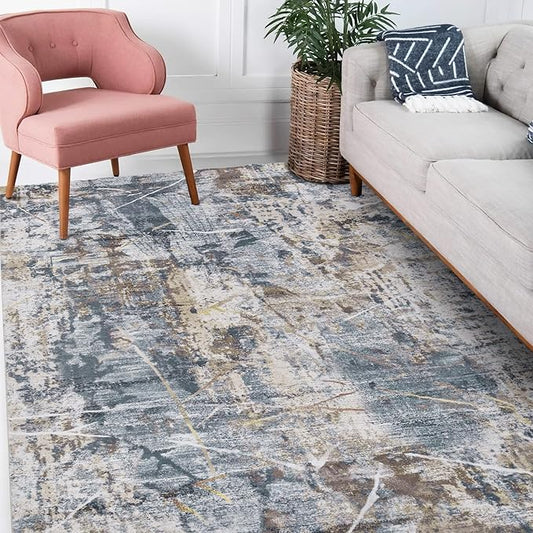 3x5 Area Rug, Modern Abstract Area Rug Machine Washable, Non Slip 3 x 5 Rugs for Living Room, Dining Room, Office Non Shedding Bedroom Carpet, Grey/Tan/Navy
