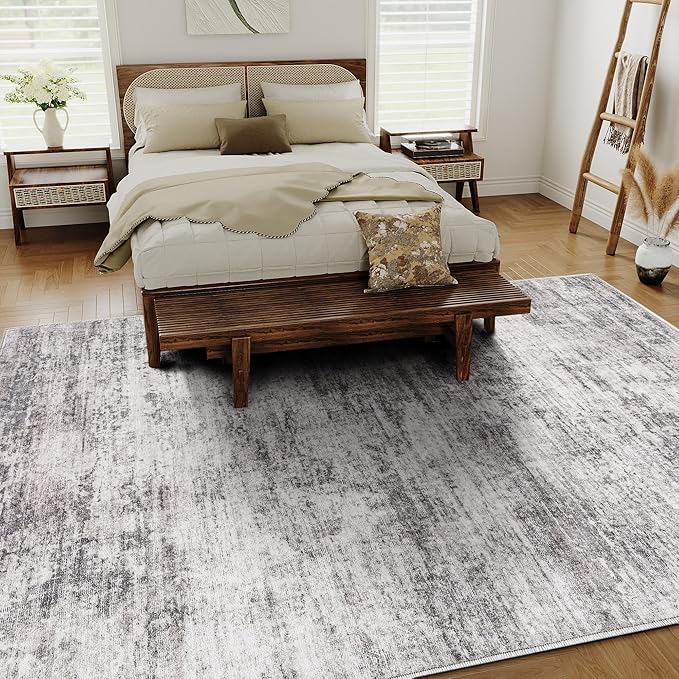 5x7 Machine Washable Rugs Gray Hallway Area Rug Indoor Accent Rug Abstract Low Pile Carpet Distressed Throw Aesthetic Rug Bedroom Living Room Office Dining Room Kitchen Laundry Room Non Slip