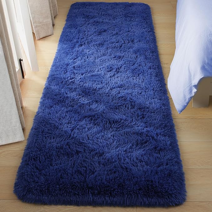 Tepook Soft Runner Rugs for Bedroom 2x6 ft with Rubber Backing, Navy Fluffy Rugs for Living Room, Shag Bedside Rug Fuzzy Plush Carpet for Room, Area Rug for Dorm Nursery Hallway Indoor Home Decor