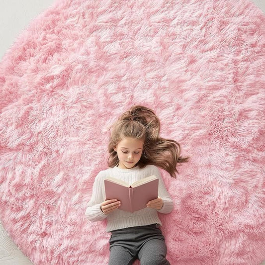 OLANLY Pink Round Rugs for Bedroom - Machine Washable, 7x7 Feet Circle Area Rugs for Living Room, Soft and Fluffy Shaggy Carpet for Teen Girls and Boys, Dorms, Nursery Rooms, Home Decor Aesthetic