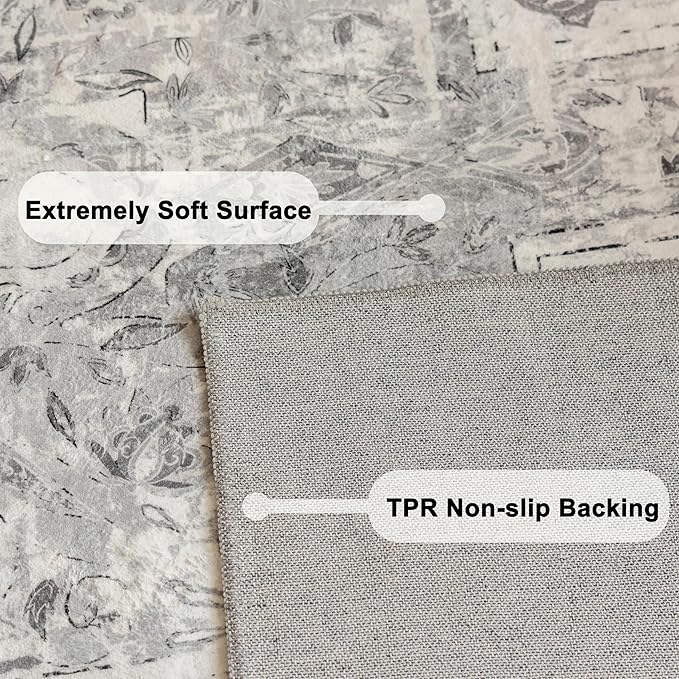 Vintage Runner Rug 2x6 Non-Slip Boho Distressed Runner Rugs Carpet Washable Traditional Mat for Kitchen Hallways, Grey