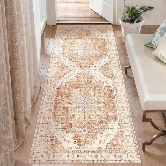 2x5 Washable Runner Rug for Hallways, Non Slip Vintage Runner, Soft Low Pile Long, Print Distressed Brick Red Carpet Runners for Kitchen Bedroom Entryway Bathroom Living Room