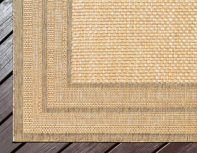 Unique Loom Outdoor Border Collection Area Rug - Multi Border (7' 1" x 10' Rectangle Tan/Light Brown)