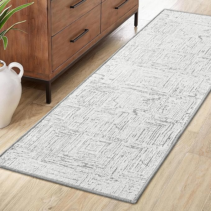 RYB HOME 2x6 Washable Jacquard Runner Rug for Hallway, Non Slip 3D Textured Abstract Jacquard Carpet for Bedroom, None Shedding Area Rug for Kitchen Bathroom Hallway, Grey