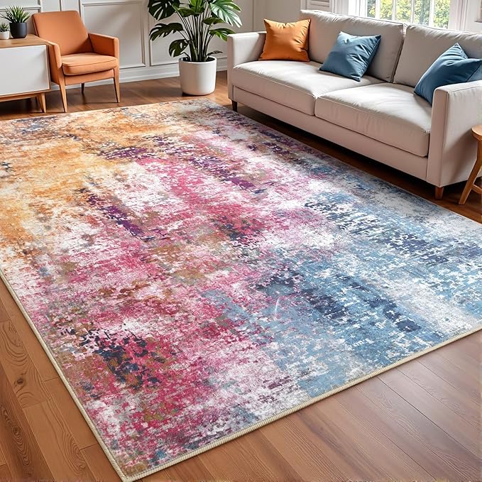 Washable Abstract Rug, 5x7 Modern Area Rugs with Non-Slip Rubber Backed for Living Room, Thin but Soft Contemporary Carpet Kitchen Bedroom Dining Room Decor, Galaxy