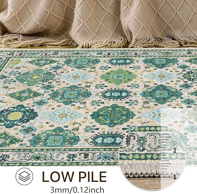 2x5 Runner Rug Non Slip, Machine Washable Rug Runners for Hallways, Vintage Distressed Print Kitchen Runner, Low Pile Lightweight Carpet Runner for Entryway, Laundry, Bedroom, Bathroom Ivory Green